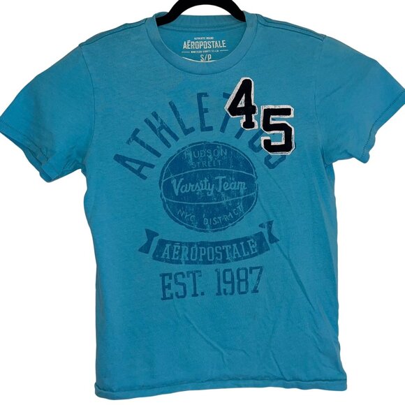 Aeropostale Varsity Team Graphic T-Shirt S/P Turquoise Cotton - Picture 1 of 10